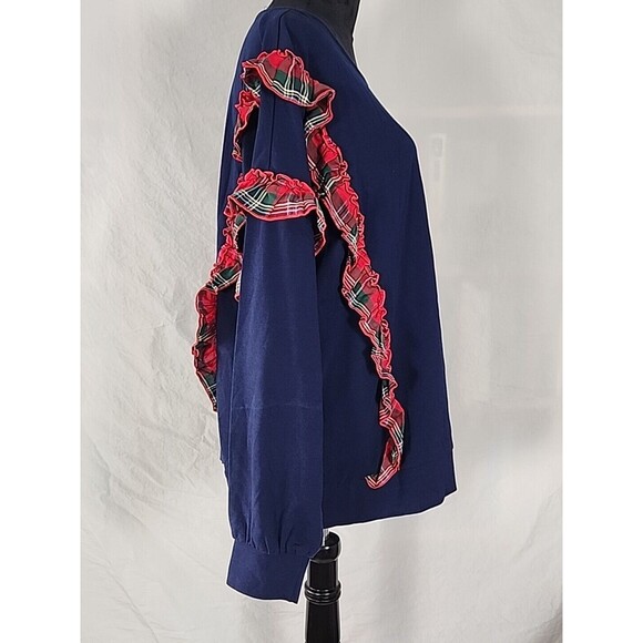 Crown & Ivy Curvy Pullover Plaid Ruffle Blouse Long Sleeve Blue Top Plus Size 2X - Picture 5 of 11